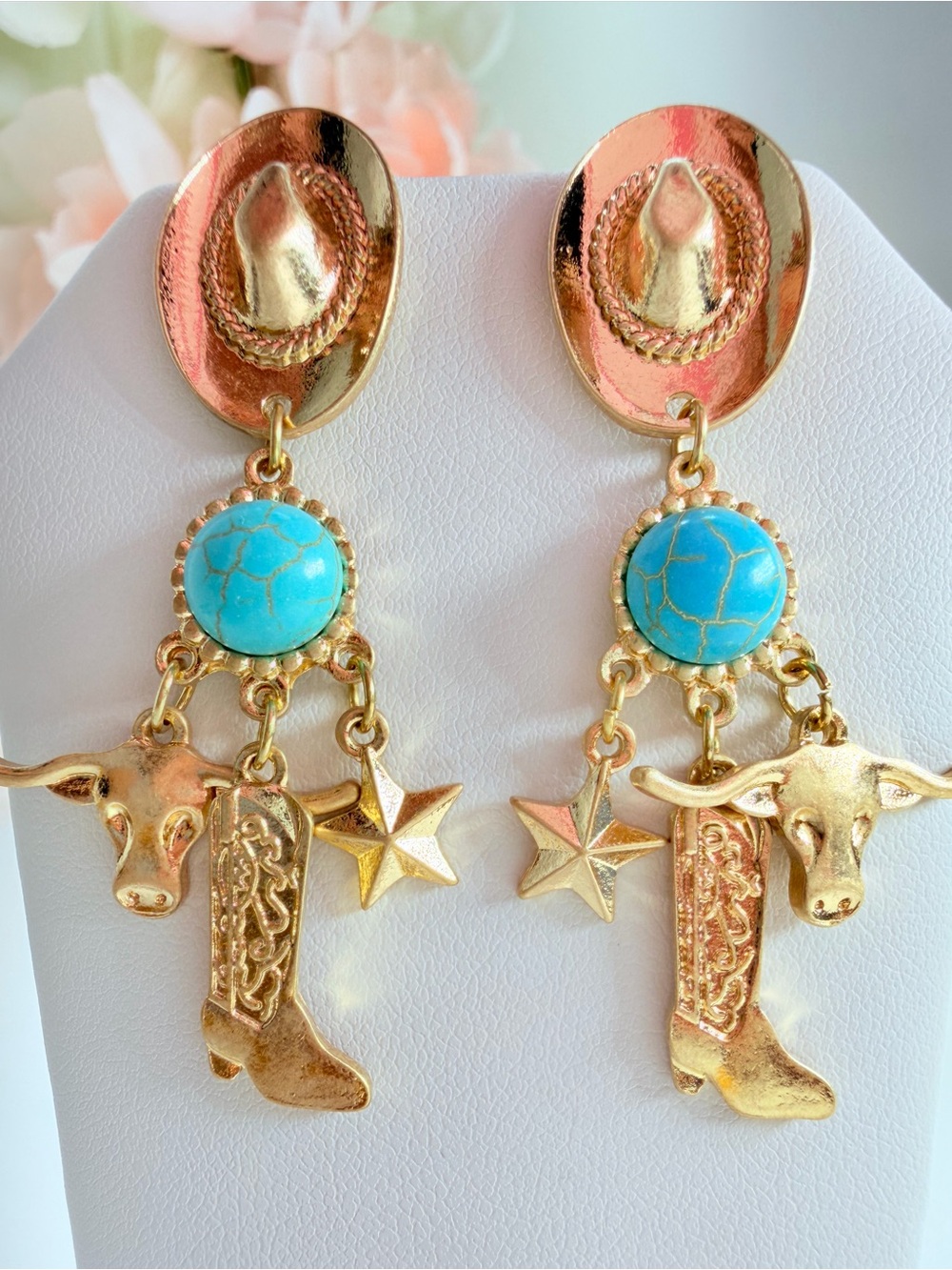 Cowboy earrings with turquoise stones and gold bull, star, and boot charms Er 01